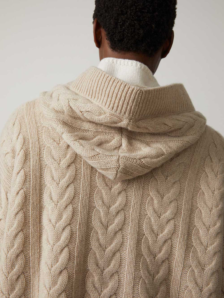 Connie Sweater Sand | Lisa Yang | Beige v-neck sweater with hood in 100% cashmere
