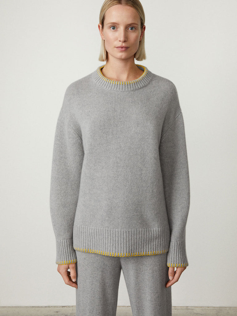 Agatha Sweater Dove Grey | Lisa Yang | Grey with yellow stitches sweater in 100% cashmere