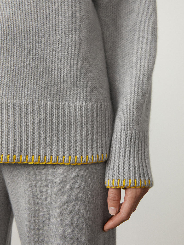 Agatha Sweater Dove Grey | Lisa Yang | Grey with yellow stitches sweater in 100% cashmere