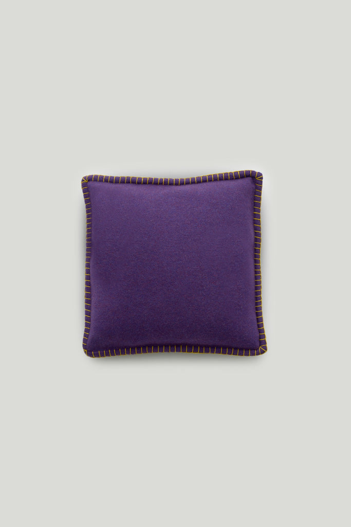 Amsterdam Cushion Deep Violet, Graphite & Dijon | Lisa Yang | Purple, grey & yellow stitching cushion in 100% cashmere