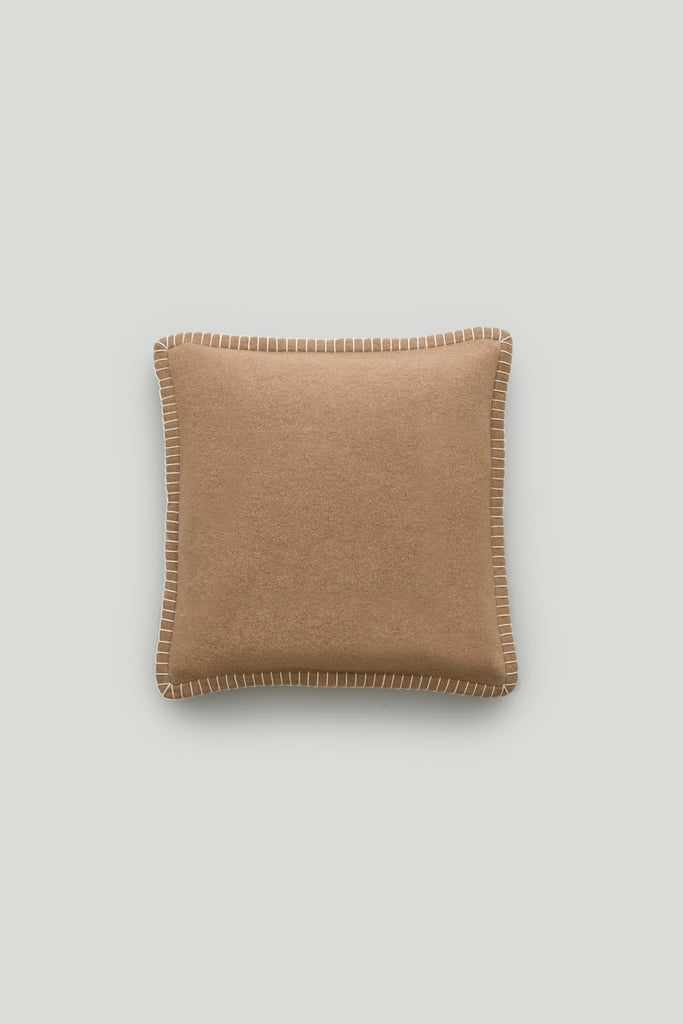 Amsterdam Cushion Walnut, Pearl & Cream | Lisa Yang | Brown & white stitching cushion in 100% cashmere
