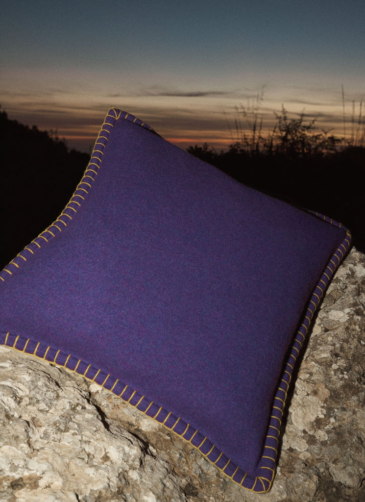 Amsterdam Cushion Deep Violet, Graphite & Dijon | Lisa Yang | Purple, grey & yellow stitching cushion in 100% cashmere