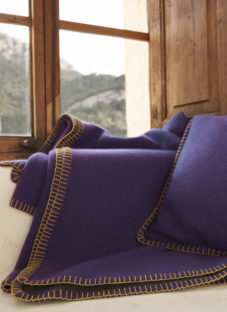 Amsterdam Cushion Deep Violet, Graphite & Dijon | Lisa Yang | Purple, grey & yellow stitching cushion in 100% cashmere