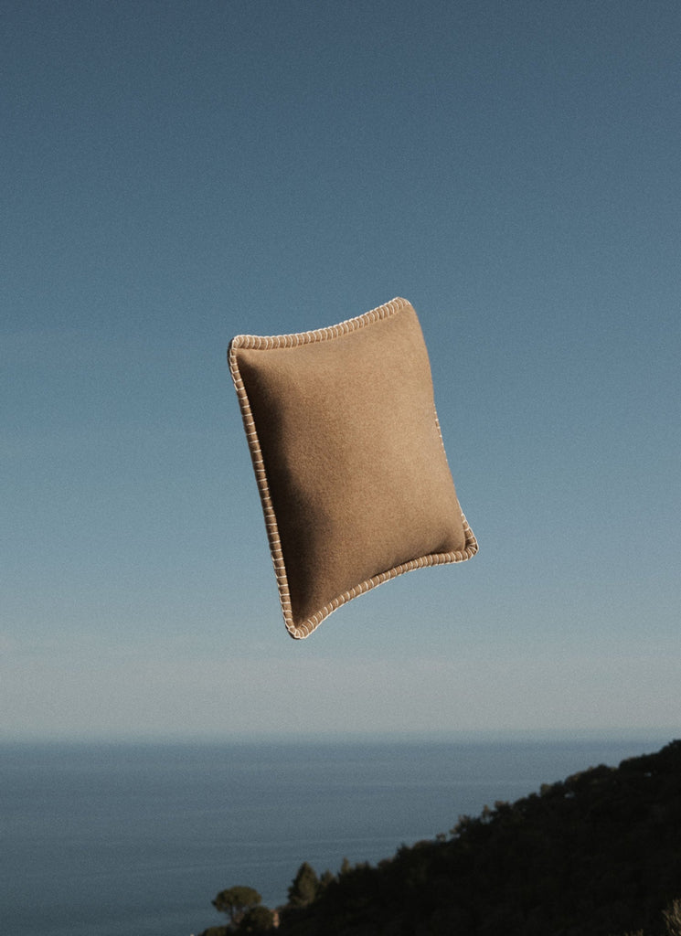 Amsterdam Cushion Walnut, Pearl & Cream | Lisa Yang | Brown & white stitching cushion in 100% cashmere