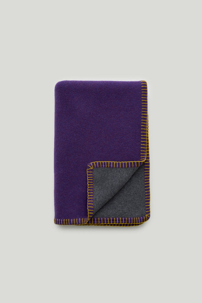 Stockholm Blanket Deep Violet, Graphite & Dijon | Lisa Yang | Dark purple, dark grey & yellow stitching blanket in 100% cashmere